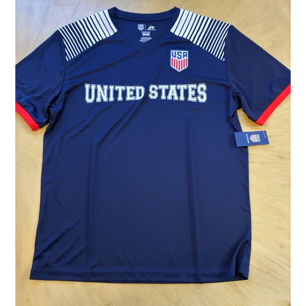 NEW USA Soccer USMNT Game Day Soccer Jersey USA Flag Patch Blue White Stripes L